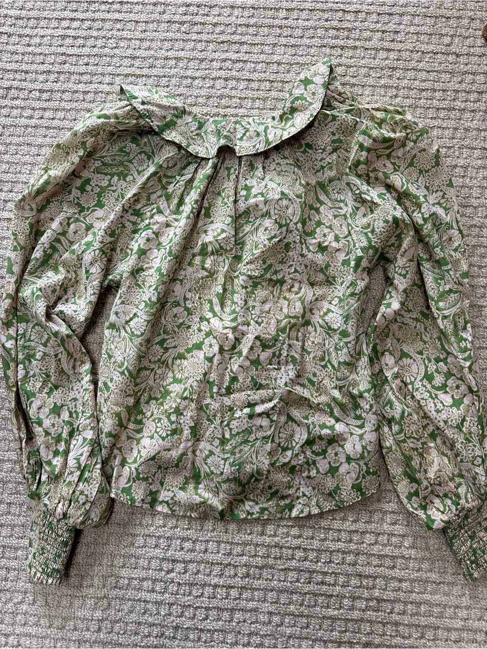 Anthropologie Green & Beige Floral Long Puff Sleeve Ruffle Blouse Sz XXS